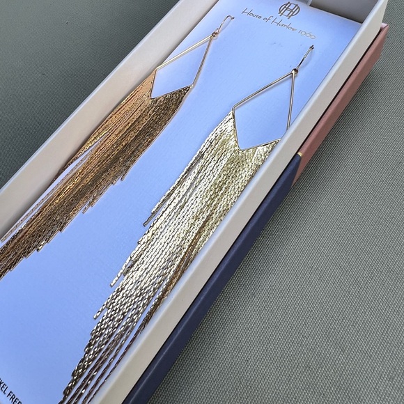 NEW House of Harlow 1960 Long Fringe Dangle Earrings Gold with box NIB - Picture 5 of 6